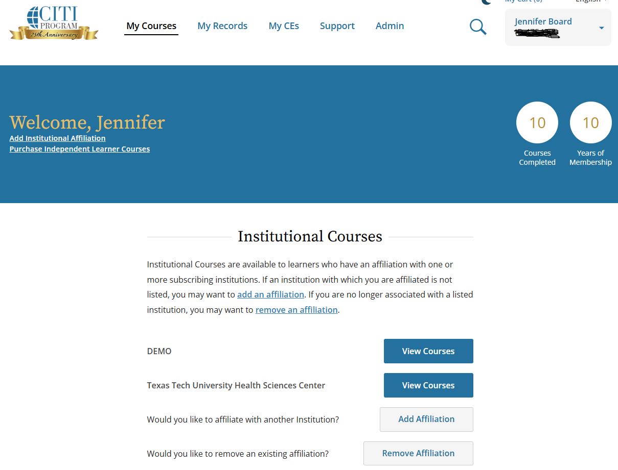 CITI MY Course Page